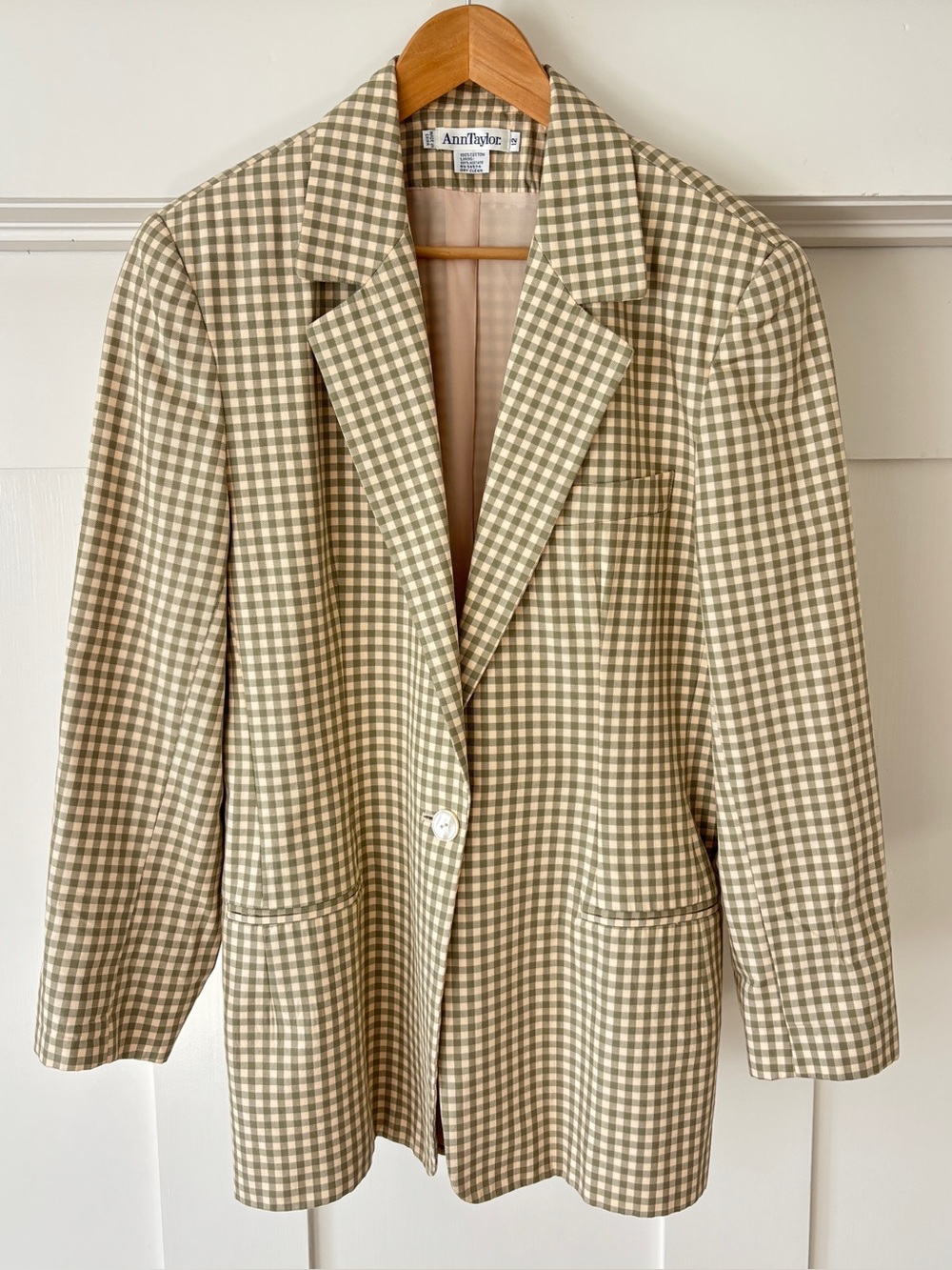 Vintage 80s 90s Ann Taylor Women's Green & White Gingham Blazer w/ Shoulder Pads